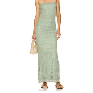 SNDYS X Revolve Strapless Crochet Maxi Dress in Green Shimmer
